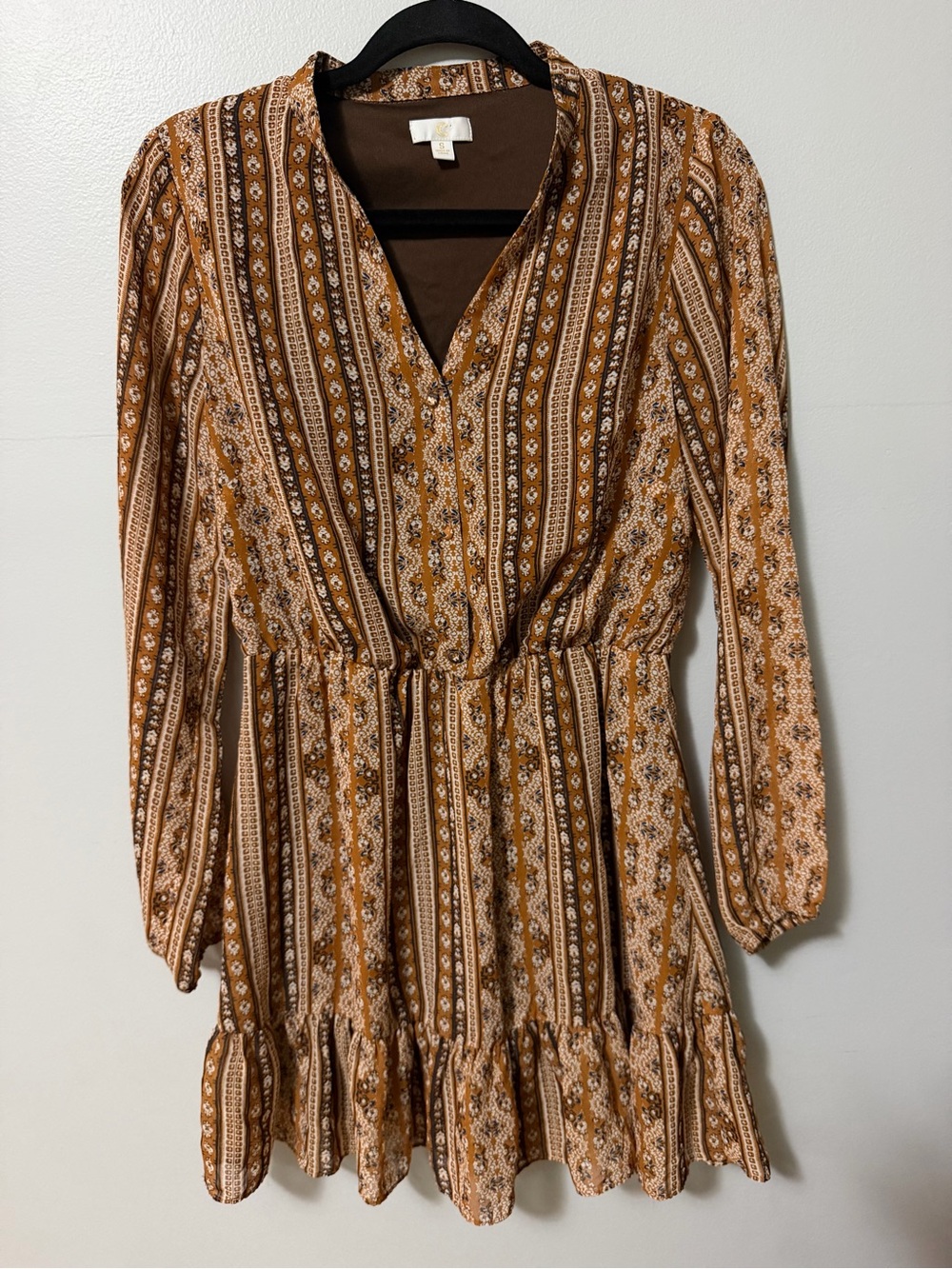 Crescent Boho Floral Stripe Long Sleeve Faux Wrap dress Size Small Brown